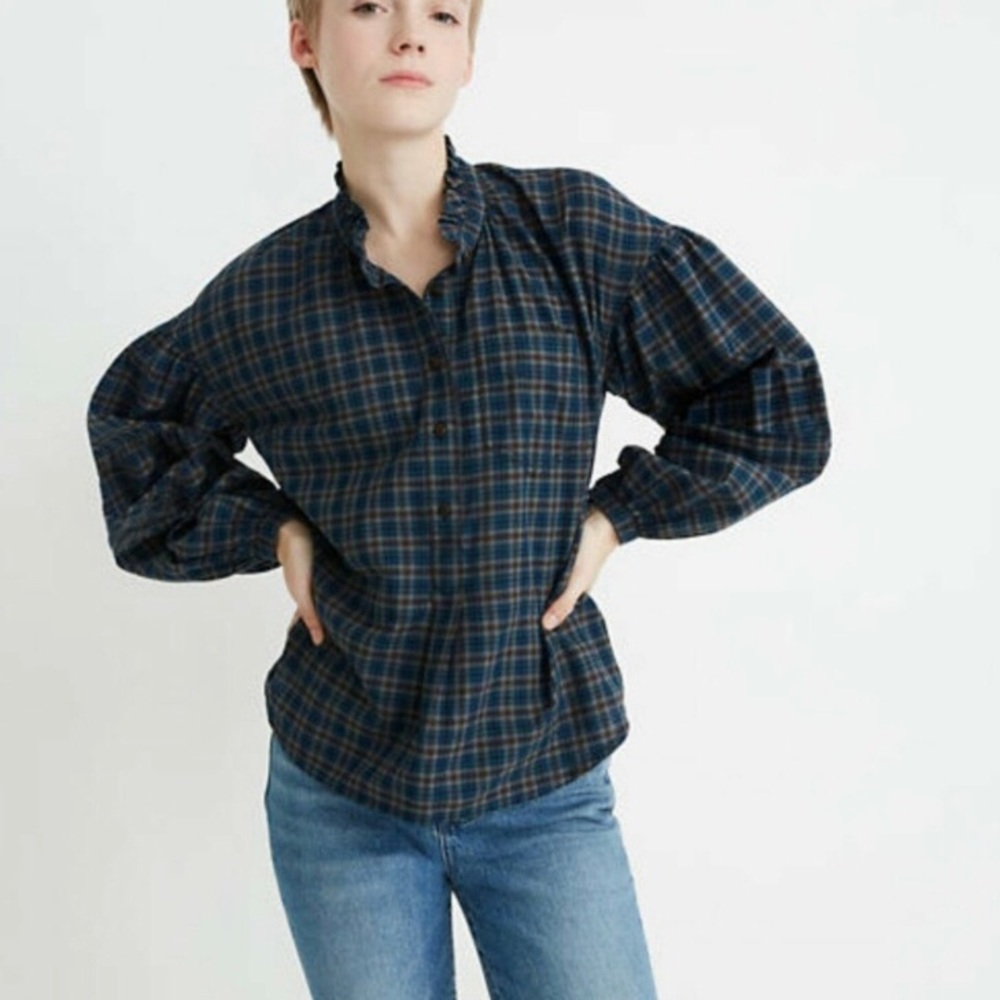 Madewell Colwell Popover blouse size medium green and blue plaid